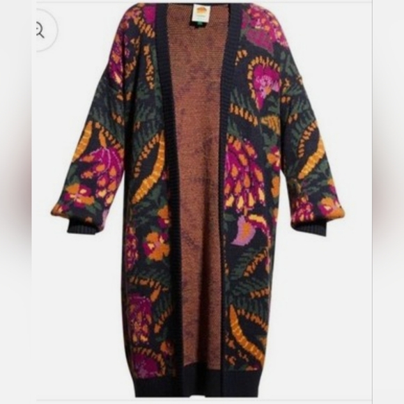 FARM Rio Sweaters - FARM Rio Flowerdoscopic Floral Knit Cardigan Navy Purple Yellow Long Sleeve S
